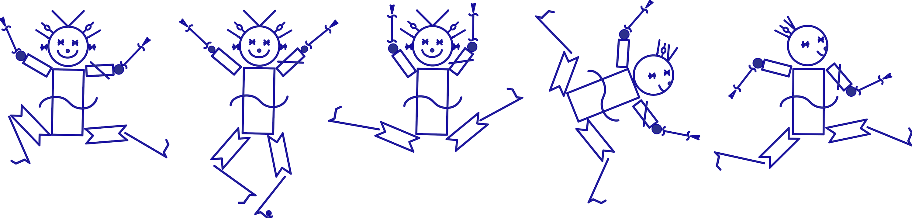 LODC PAL logos dancing: one lunging, one balancing, one jumping, one tilting, and one leaping.