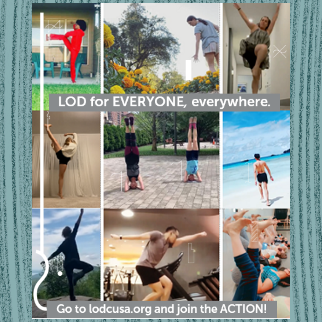 9 different dancers in various locations in 9 different boxes. A LOD symbol is in each box and the any action symbol runs along the side with a turquoise striped background